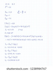 Engineering and mathematics equation and calculations handwritten on copybook page. Vector illustration.