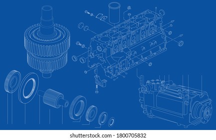 Engineering, mechanical drawing with elements of mechanical spare parts