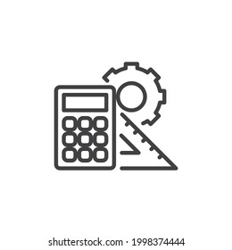 Engineering mechanics line icon. linear style sign for mobile concept and web design. Calculator with ruler and gear outline vector icon. Symbol, logo illustration. Vector graphics