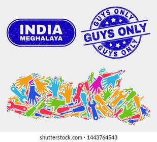 Engineering Meghalaya State map and blue Guys Only scratched seal. Bright vector Meghalaya State map mosaic of mechanic. Blue round Guys Only seal.