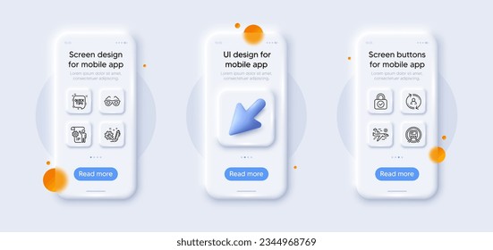 Engineering, Metro subway and Love glasses line icons pack. 3d phone mockups with cursor. Glass smartphone screen. Airplane travel, User info, Security lock web icon. Vector