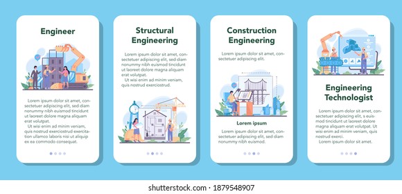 Engineering mobile application banner set. Technology and science. Professional occupation to design and build machines and structures. Architecture work. Isolated flat vector illustration