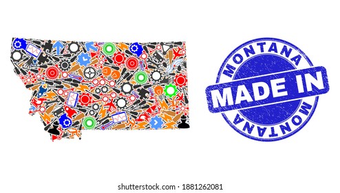 Engineering Montana State map mosaic and MADE IN distress stamp seal. Montana State map mosaic designed with wrenches, gearwheels,instruments,elements,cars,power strikes,details.