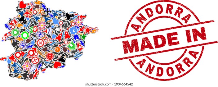 Mapa de Andorra en mosaico de ingeniería y sello de grano MADE IN. Collage cartográfico de Andorra formado por palangreros, alfombras, herramientas, llaves, vehículos, chispas eléctricas, cascos.