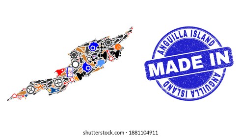 Engineering mosaic Anguilla Island map and MADE IN textured rubber stamp. Anguilla Island map mosaic composed with spanners, gearwheels,screwdrivers,components,cars,power sparks,details.