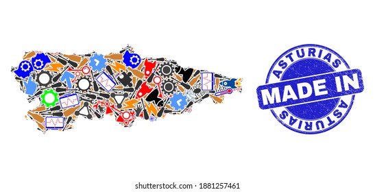 Engineering mosaic Asturias Province map and MADE IN textured rubber stamp. Asturias Province map mosaic formed with wrenches, gearwheels,screwdrivers,items,cars, electric sparks,rockets.
