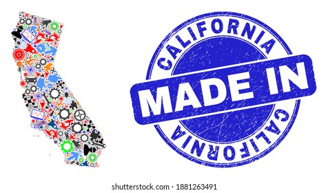 Engineering mosaic California State map and MADE IN grunge stamp. California State map collage formed with spanners, gearwheels,instruments,,keys,vehicles, electric bolts,details.