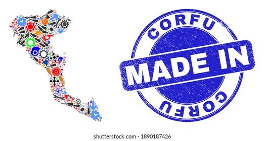 Engineering mosaic Corfu Island map and MADE IN grunge stamp seal. Corfu Island map mosaic created with spanners, gearwheels,instruments,,keys,airplanes,aircrafts,air planes,aviation symbols,