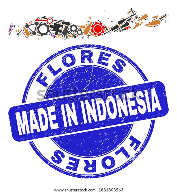 Engineering mosaic Flores Islands of\
Indonesia map and MADE IN scratched stamp. Flores Islands of\
Indonesia map mosaic created with wrenches,wheels,\
tools,items,cars,electricity\
bolts,details.
