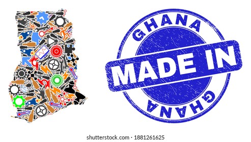 Engineering mosaic Ghana map and MADE IN grunge seal. Ghana map mosaic designed with wrenches, gearwheels, tools,elements,vehicles, electric bolts,rockets.