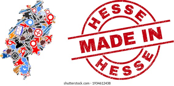 Mapa de Hesse Land en mosaico de ingeniería y sello de sellado en peligro. Mosaico del mapa de Hesse Land compuesto por mechas, ruedas de engranajes, instrumentos, componentes, vehículos, pernos eléctricos, cohetes.