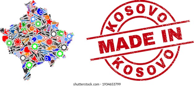 Ingenieurmosaik Kosovo Karte und MADE IN gekratzten Gummistempel. Die Zusammensetzung der Kosovo-Landkarte wurde aus Armbrüsten, Käfern, Schraubenziehern, Gegenständen, Autos, Elektroschrauben, Helmen erstellt.