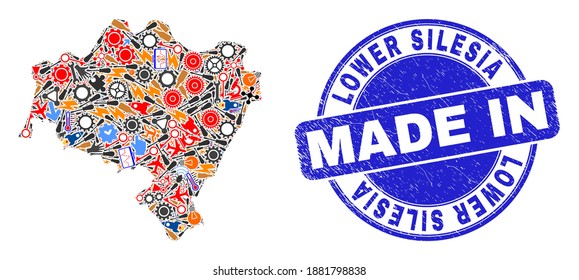 Engineering mosaic Lower Silesian Voivodeship map and MADE IN grunge rubber stamp. Lower Silesian Voivodeship map abstraction formed with spanners,wheel, tools,,keys,airplanes,aircrafts,air planes,