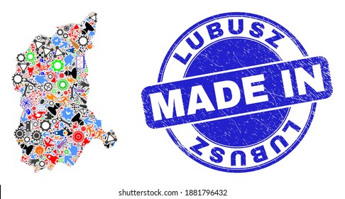 Engineering mosaic Lubusz Voivodeship map and MADE IN scratched rubber stamp. Lubusz Voivodeship map composition formed with spanners, gearwheels, tools,components,vehicles,electricity strikes,bugs.