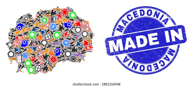 Engineering mosaic Macedonia map and MADE IN scratched rubber stamp. Macedonia map mosaic designed with spanners, gearwheels, tools,items,vehicles,electricity bolts,details.