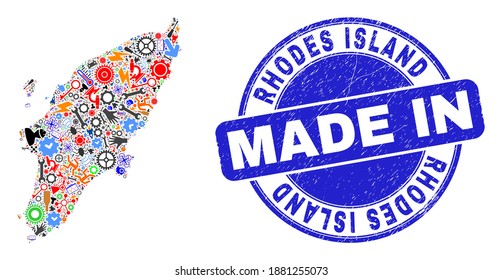 Engineering mosaic Rhodes Island map and MADE IN scratched seal. Rhodes Island map mosaic created with wrenches,cogs,screwdrivers,,keys,vehicles,power bolts,details.