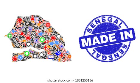 Engineering mosaic Senegal map and MADE IN grunge rubber stamp. Senegal map mosaic composed with wrenches,cogs, tools,items,vehicles,electricity sparks,details.