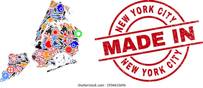Engineering New York City map mosaic and MADE IN scratched rubber stamp. New York City map mosaic designed from wrenches, gear wheels, instruments, items, transports, electricity bolts, details.