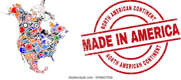 Engineering North America v2 Karte Mosaik und MADE IN Not Robbe. Nordamerika v2-Kartenmosaik, erstellt mit Armbrüsten, Getriebe, Schraubendreher, Artikeln, Fahrzeugen, Elektroschlägen, Raketen.