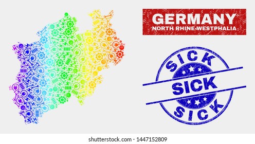 Engineering North Rhine-Westphalia Land map and blue Sick distress seal. Spectral gradient vector North Rhine-Westphalia Land map mosaic of machinery parts. Blue round Sick seal.