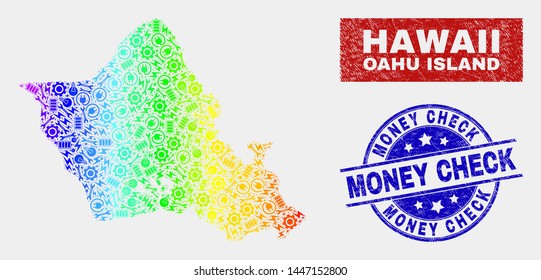 Engineering Oahu Island map and blue Money Check grunge stamp. Spectrum gradient vector Oahu Island map mosaic of industrial items. Blue rounded Money Check stamp.