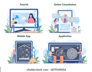 Engineering online service or platform set. Technology and science. Professional occupation to design machines and structures. Online tutorial, consultation, application. Flat vector illustration