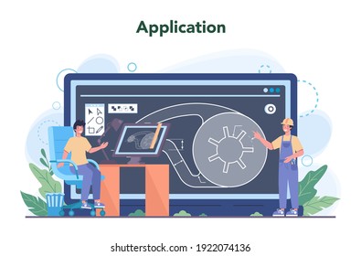 Engineering online service or platform. Technology and science. Professional occupation to design machines and structures. Application. Flat vector illustration