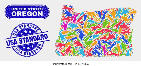 Engineering Oregon State map and blue USA Standard distress seal stamp. Bright vector Oregon State map mosaic of mechanic units. Blue round USA Standard seal.
