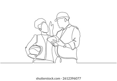 Engineering outline character line art illustration hand drawn engineer holding blueprint document, Continuous line drawing of project workers and construction activities.