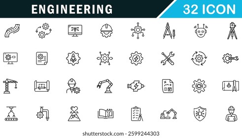 Engineering outline editable icon set . blueprint, engineer, manufacturing and more.