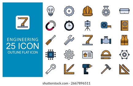 Engineering Outline Flat icon set. Icon Vector engineering and geodesy symbol in Outline flat design style.