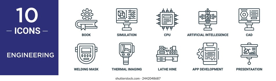 engineering outline icon set includes thin line book, simulation, cpu, artificial intellegence, cad, welding mask, thermal imaging icons for report, presentation, diagram, web design