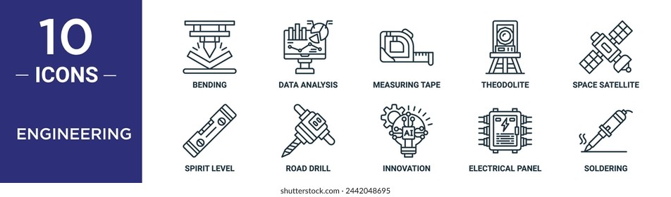 engineering outline icon set includes thin line bending, data analysis, measuring tape, theodolite, space satellite, spirit level, road drill icons for report, presentation, diagram, web design