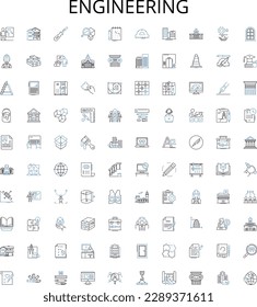 Engineering outline icons collection. Engineering, Design, Construct, Create, Develop, Assemble, Invent vector illustration set. Analyze, Manufacture, Program linear signs