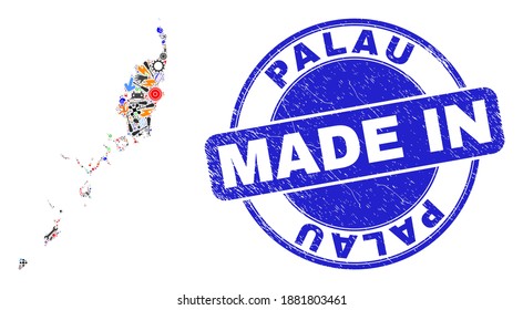 Ingeniería mosaico de mapas de Palau y sello de sello rascado MADE IN. Collage de mapas de Palau creado con pulseras, rueda, destornilladores, objetos, coches, chispas eléctricas, detalles.