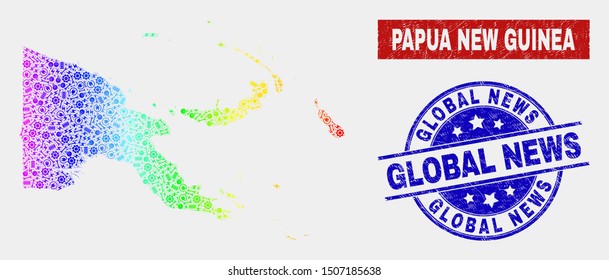 Engineering Papua New Guinea map and blue Global News scratched seal stamp. Spectral gradiented vector Papua New Guinea map mosaic of engineering. Blue round Global News seal.