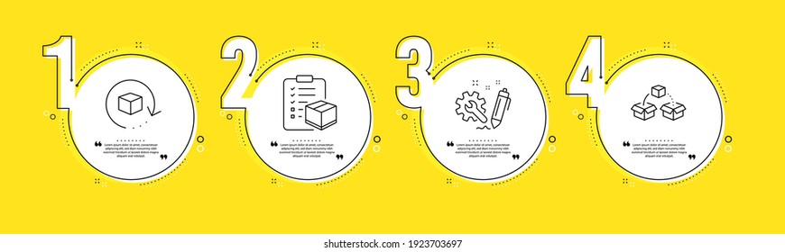 Engineering, Parcel checklist and Return package line icons set. Timeline process infograph. Parcel shipping sign. Construction, Logistics check, Exchange goods. Send box. Industrial set. Vector