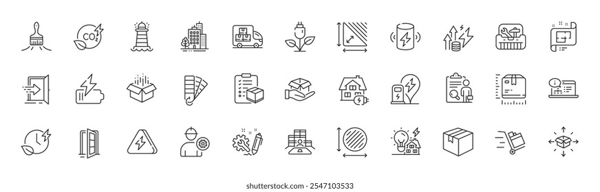 Iconos de línea de ingeniería, entrega de paquetes y paleta. Paquete de camión de entrega, edificios, icono de faro. Área circular, caja de retención, pictograma de energía de construcción. Inflación de energía, Inspeccionar, Caja abierta. Vector