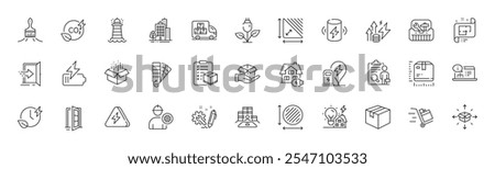 Engineering, Parcel delivery and Palette line icons. Pack of Delivery truck, Buildings, Lighthouse icon. Circle area, Hold box, Building energy pictogram. Energy inflation, Inspect, Open box. Vector
