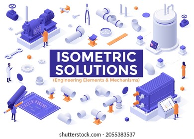 Engineering parts and mechanisms set - people constructing pipeline, drainage structure or sewerage system. Bundle of isometric design elements isolated on white background. Vector illustration.