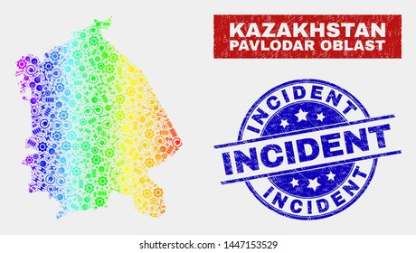 Engineering Pavlodar Region map and blue Incident textured seal stamp. Colorful gradiented vector Pavlodar Region map mosaic of engineering units. Blue round Incident stamp.