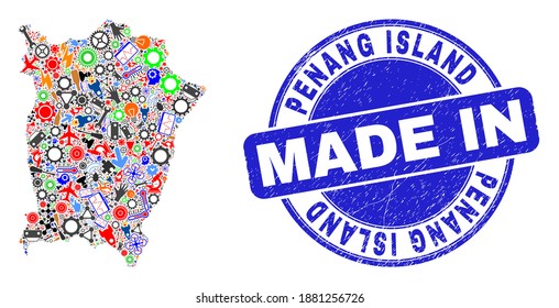 Mapa de mosaico de la Isla de Penang de Ingeniería y marca de agua en peligro MADE IN. Resumen de mapas de la Isla Penang compuesto por: horquillas, engranajes, herramientas, elementos, transportes, pernos eléctricos, bugs.