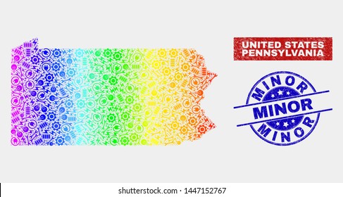 Engineering Pennsylvania State map and blue Minor distress stamp. Spectral gradiented vector Pennsylvania State map mosaic of machinery parts. Blue round Minor stamp.