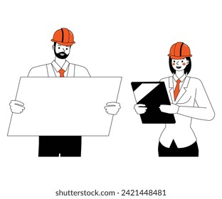 Engineering people working character outline flat and minimal vector illustration design style. Presentation in various action.