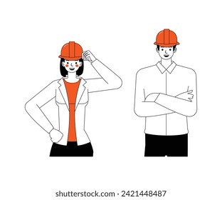 Engineering people working character outline flat and minimal vector illustration design style. Presentation in various action.