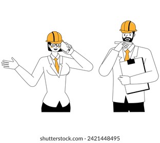 Engineering people working character outline flat and minimal vector illustration design style. Presentation in various action.