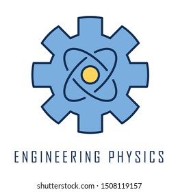 Engineering Physics Color Icon. Nanotech. Cogwheel And Atom Structure Model. Mechanical Engineering. Nano Technologies Development. Nuclear Energy Using. Isolated Vector Illustration