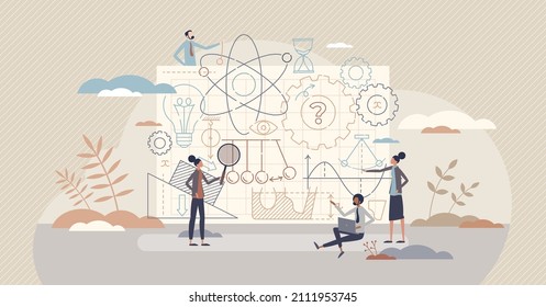 Engineering Physics With Science And Mechanic Technology Tiny Person Concept. Learning Technical Experiments, Formula Equations And Force Calculations Vector Illustration. Professional Engineer Work.