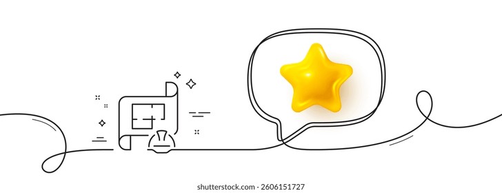Engineering plan line icon. Continuous line with 3d star. Technical documentation sign. Construction helmet symbol. 3d star in speech bubble. Engineering plan single line ribbon. Vector