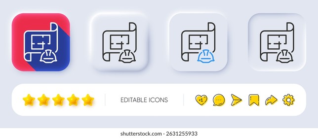Engineering plan line icon. Neumorphic, Flat shadow, 3d buttons. Technical documentation sign. Construction helmet symbol. Line engineering plan icon. Social media icons. Vector